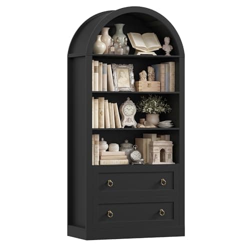 Image of FirFurd Bookcase Arched Bookcase with Drawers Arched Display Cabinet Freestanding Tall Bookshelf with Open Shelves Shelving Unit for Living Room Kitchen 79.5x36x177cm Black