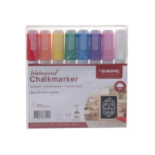 Image of EUROPEL Chalk Markers Set of 8 Colours, 6 mm Tip Waterproof – Chalk Pens for Windows, Chalkboards, Glass and Signs, Professional Chalk Marker for Restaurants, Retail and Office Use Indoor Outdoor