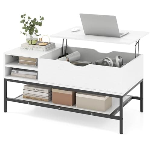 Image of COSTWAY Lift Up Top Coffee Table, Wooden Lifting Cocktail Center Table with Hidden Storage Compartment and Open Shelf, Metal Frame Rectangle Accent Sofa Side Tea Table for Living Room (White)