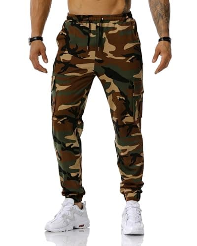 Image of MakingDa Camouflage Tracksuit Bottoms Men Camo Jogging Sports Trousers Cargo Joggers Pants Skinny Elastic Waist Drawstring Multi Pocket Work Combat Gym Sweatpants-Army Green-36