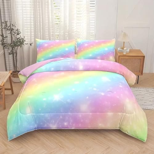 Image of Tabeskly Kids Girls Rainbow Bedding Duvet Covers Set Double, Cute Soft Zipper Childrens Full Bed 3 Piece Quilt Covers and Pillowcases Small Mildly Cosy Budget Bedclothes 200×200cm