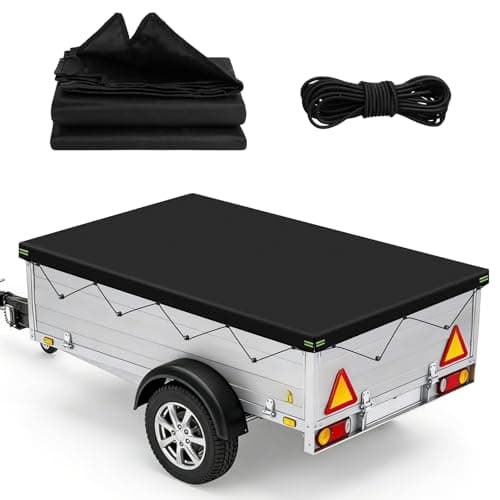 Image of AOOOWU 6'x4' Trailer Cover, Waterproof 600D Oxford Trailer Tarpaulin Covers with Reinforced Eyelets & Reflective Strips, Windproof UV, 183x122x8cm