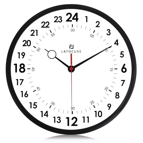 Image of Lafocuse 24 Hour Wall Clock Black 12 Inch Battery Operated Silent Non Ticking, Modern Analog Military Time Clocks for Living Room Decor, Kitchen, Bedroom, Office, Home