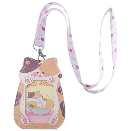 Image of Ymapinc Cat Themed ID Badge Holder & Lanyard Set, Cute Kitten PU Leather Passport Holder with Adjustable Neck Strap for Work Office, Khaki