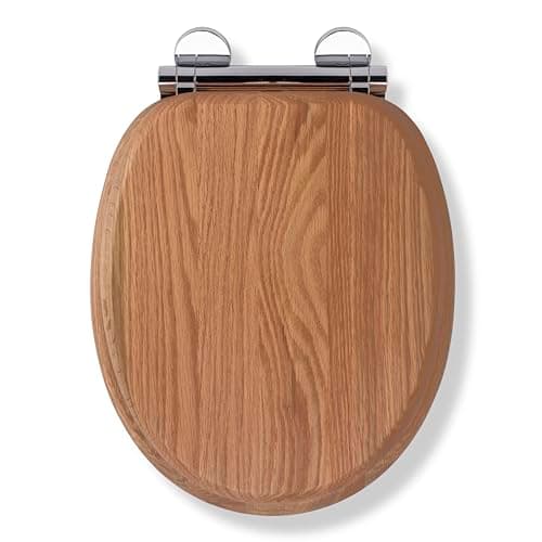 Image of Croydex Rutland Flexi-Fix Soft Close Wooden Toilet Seat - Quick Release Button for Easy Cleaning, Adjustable Hinges with Top and Bottom Fixings, Anti-Bacterial and Heavy Duty Toilet Seat (Solid Oak)