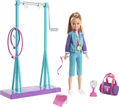 Image of Barbie GBK59 Team Stacie Doll and Gymnastics Playset with Spinning Bar and 7 Themed Accessories, Multicoloured