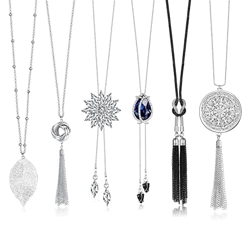 Image of KALVICA 6Pcs Long Pendant Necklaces for Women Girls Disk Circle Tassel Knot Flower Bar Necklace Strands Y Simple Necklaces Sweater Chain Statement Necklace Set Silver
