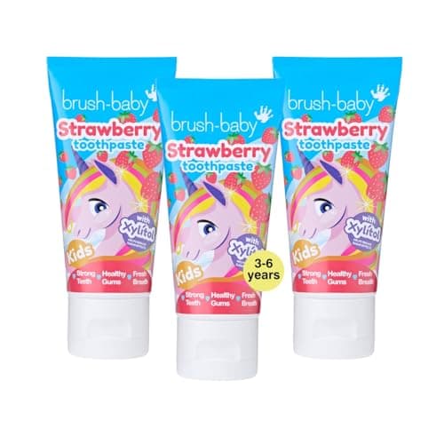 Image of Brush-Baby - Natural Strawberry Kids Toothpaste 150ml (3 x 50ml Tubes) - for Ages 3+ - with Xylitol & Fluoride - Strong Teeth, Healthy Gums & Fresh Breath - Gentle Vegan Formula, Safe if Swallowed