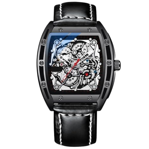 Image of RORIOS Men's Automatic Mechanical Watch Skeleton Wrist Watches Luminous Watch with Leather Strap Tonneau Self-Wind Watch