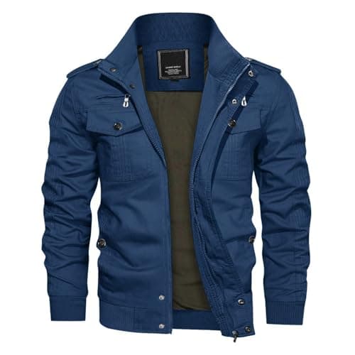 Image of KEFITEVD Men's Military Bomber Jackets Cargo Work Jacket Casual Full Zip Coat Windbreaker with Pockets,Denim Blue,3XL