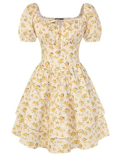 Image of SCARLET DARKNESS Women's Summer Corset Dress Puff Sleeves Floral Short Dress Mini A-line Dresses for Beach Yellow L