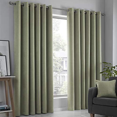 Image of Fusion Sage Green Curtains W46 x L54" (117x137cm) – 2 Panels – Eyelet Thermal Drapes for Bedroom, Living Room & Doors – Cotton Look – Leaf Print – Strata Collection