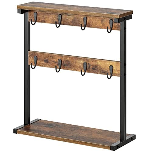 Image of YATINEY Coffee Mug Holder Stand, Countertop Mug Tree Holder Rack, Mug Storage with Hooks and Open Shelves, Freestanding Storage Rack for Kitchen, Rustic Brown and Black XMH43BR