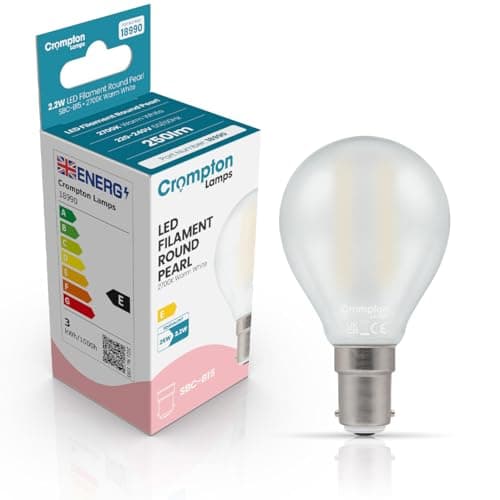 Image of Crompton Lamps Filament Golfball LED Light Bulb SBC-B15d | 2.2W = 25W Equivalent | Warm White 2700K | Energy Efficient | Small Bayonet Lightbulb | Long Life 15,000-Hrs | Pearl Glass