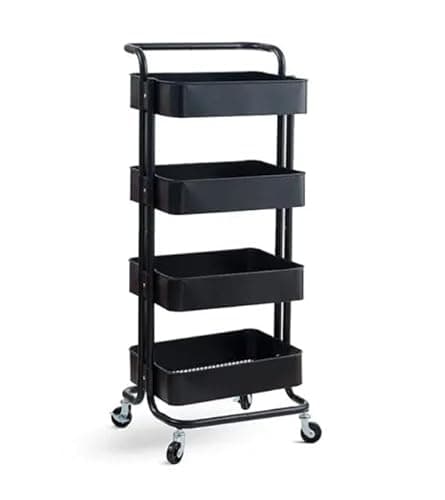 Image of Metal Trolley on Wheels | Storage Shelves | Makeup Storage | Cleaning Trolley | Shelves Unit | Utility Cart | Cleaning Caddy | Metal Rolling Cart (4-Tier Black)