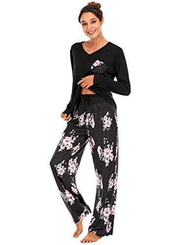 Image of Famulily Womens Pyjamas Sets Long Sleeve Tops & Wide Leg Pants Sleepwear Comfy Loose Lounge Wear for Ladies Girls Sport Yoga Jogging BlackL