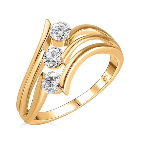 Image of TJC Moissanite Three Stone Ring for Women in 18ct Yellow Gold Plated 925 Sterling Silver Size O Metal Wt. 3.4 Grams