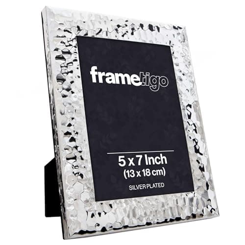 Image of Frametigo - Silver Plated Hammered Photo Frame, 5"x7" (13x18cm) Photo Size - Velvet Frame Backing & Stand - Real Glass Window - Tarnish Resistant - Landscape or Portrait Orientation