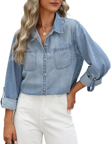 Image of CMTOP Womens Blouses Casual Long Sleeve Denim Shirt Elegant V Neck Button Down Tunic Top Vintage Loose Jean Jacket with Pockets (Light Blue, L)