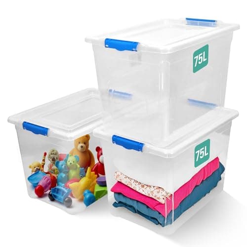 Image of KLASS 3 x 75 Litre Storage Boxes with Lids, Clip-Lock Lid, Clear Plastic Storage Box Containers, Multipurpose Medium Plastic Box, Sturdy Stackable Storage Boxes For Home & Office