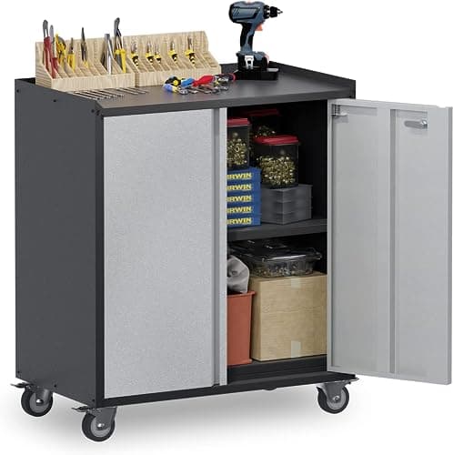 Image of SUPEER Metal Storage Cabinet with 2 Doors and 1 Adjustable Shelves,Top Workbench Mobile Tool Chests Garage Cabinets with 4 Wheels,Lockable Tool Cabinets for Home,Office,Shop