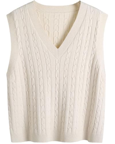 Image of SUNSESS Women's Cable Knit Sleeveless Jumper V Neck Pullover Sweater Vest Chunky Ribbed Gilet for Layering, Office & Casual Preppy Style (UK, Alpha, M, Regular, Regular, Standard, Light Khaki)