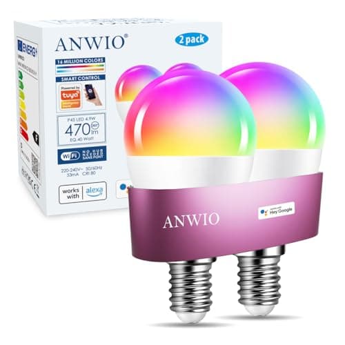 Image of ANWIO Smart Bulb E14 Alexa Light Bulbs,RGB Colour Changing Bulbs,Smart Life App Control,Bluetooth & WiFi Bulb,470LM, 5W Replace 40 Watt,Works with Alexa & Google Assistant (2 Pack)