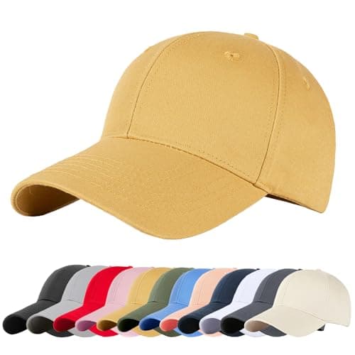 Image of Enwokran Plain Baseball Cap, Unisex Classic 6 Panel Adjustable Casual Cotton Snapback Closure Anti UV Summer Sports Sun Visor Hat (Ginger Yellow)