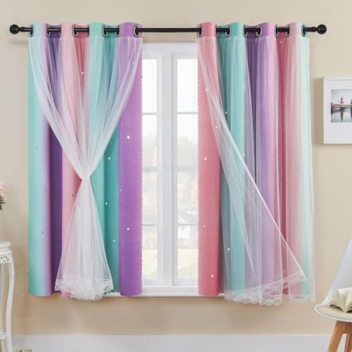 Image of XiDi Rainbow Curtains for Bedroom Stars Decoration Thermal Insulated Net Green Curtains with Rings for Kids Girls Bedroom Window Treatment 52 x 63 Inch 2Pcs