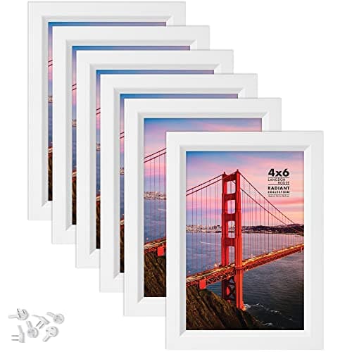 Image of Langdon House 6x4 Picture Frames (White, 6 Pack), Modern w/Bevelled Accent, Tabletop Easel and Wall Hanging Hooks Included, Radiant Collection