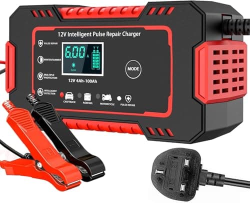 Image of 12V/6Amp Car Battery Charger, Smart Fully Automatic Battery Charger with Temperature Compensation for Most Types of Lead Acid Batteries, Red, AC Connection Required