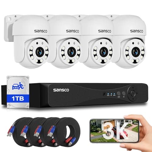 Image of SANSCO Audio Recording, 3K PTZ Wired CCTV Camera System Outdoor with 1TB Hard Drive, 8 Channel DVR, 4 x 5MP 360° Rotating Home Security Camera, Night Vision, Human/Vehicle Detection, Email/App Alert