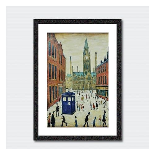 Image of Greetingles Black Framed Lowry Style Print. Large A3 Size 45 x 30cm (The Doctor Who Came To Town)
