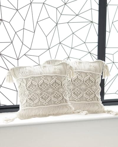 Image of Vayu Earth Set of 2 Boho Macrame Cushion Covers – Hand-Woven Cotton Decorative Pillow Cases with Tassels, Square Cushion Covers for Sofa, Bed, Couch, Bench & Home Decor (17x17 Inch / 43x43 cm, White)
