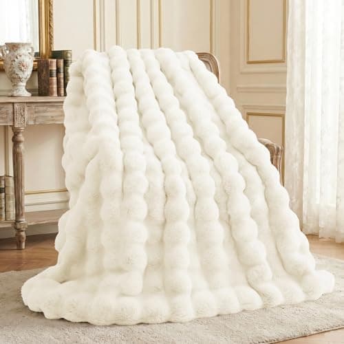 Image of L'AGRATY Faux Rabbit Fur Blanket: 150x200cm Luxury Soft Fluffy Thick Fur Throw Blanket for Couch Bed Sofa - Cozy Plush Bubble Blankets with Warm Flannel Fleece(Double,Cream White)