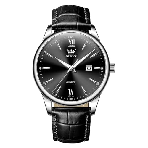 Image of OLEVS Mens Watches Black Leather Strap Roman Numerals Analog Quartz Watches for Men Big Face Waterproof Mens Watch Simple Stylish Easy to Read Luminous Men’s Wristwatch with Calendar
