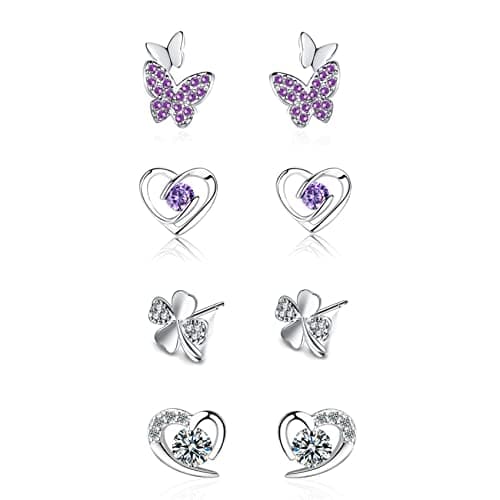 Image of GUROTD 4 Pairs 925 Sterling Silver Stud Earrings for Women Girls Tiny Flower Heart Butterfly Hypoallergenic Cubic Zirconia Diamond Cartilage Earrings Set