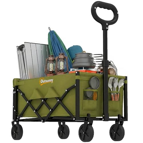 Image of Outsunny 60L Foldable Festival Trolley on Wheels, Collapsible Wagon Cart with Drop-Down Tailgate, Adjustable Handle and Cup Holders, Portable Camping Cart for Garden Picnic, Outdoor Fishing, Green