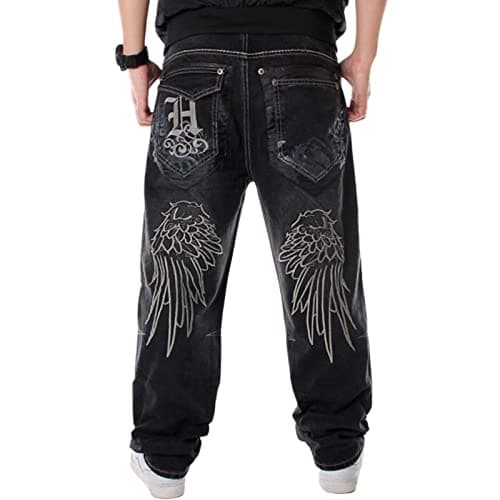 Image of FantasyGears Y2k Baggy Jeans for Men Grunge Vintage Relaxed Fit Skateboard Jeans Loose Embroidery Hip Hop Dance Denim Pants, E#Black, 36