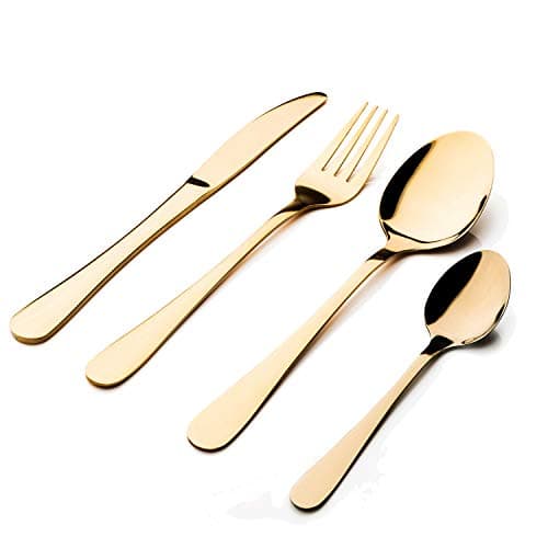 Image of Sabichi Glamour Gold Cutlery Set - 16-Piece Stainless Steel Knives And Forks Set - University Essentials - Tableware Set with Spoon Knifes and Forks - Service for 4 - Dishwasher Safe - Coloured Finish