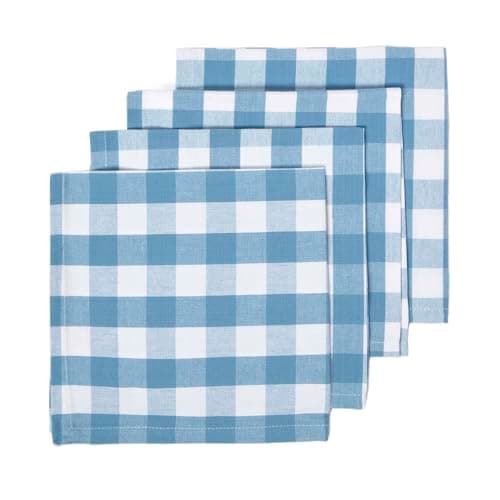 Image of HOMESCAPES Set of 4 Blue Gingham Napkins Block Check Pattern 100% Cotton Napkins 45 x 45 cm (18” x 18”) with Blue and White Checkered Design