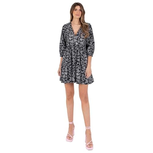 Image of Lovedrobe Women's Ladies Knee-Length Dress Long Puff Sleeve V-Neck Wrap Front Smock Shift Abstract Leaf Print Cotton Casual Black 18
