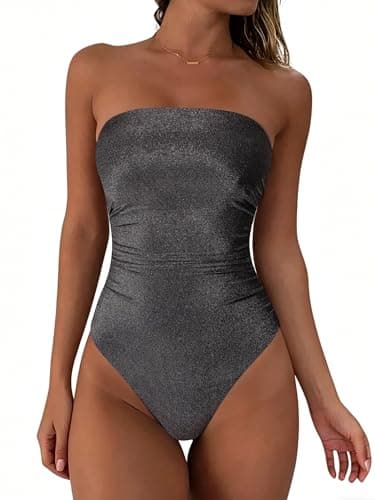 Image of DOULAFASS Women Tummy Control One Piece Swimsuits Ruched Strapless Bandeau Bathing Suits Slimming Swimwear Black