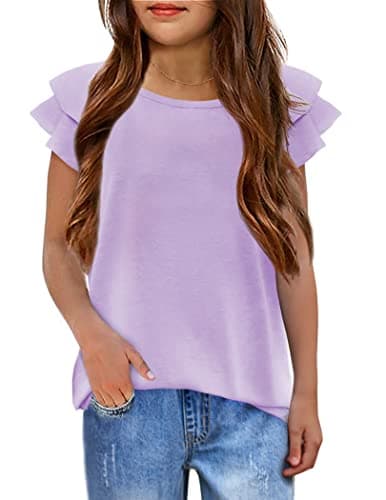 Image of Arshiner Girls T-Shirts Wavy Sleeves Kids Summer Cotton Short Sleeve Tops Casual Fashion Round Neck Tshirt for Girls 10-11 Years Purple