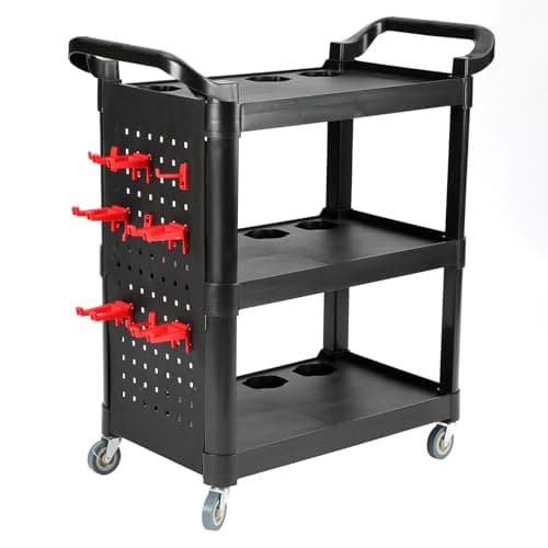 Image of 3 Level Workshop Garage Tool Storage Trolley Cart Plastic, Heavy Duty Rolling Tools Trolleys Carts on Wheel with 8pcs Hooks and Hanging Plate, Push Along Utility Cart w/ 2 Side Handles