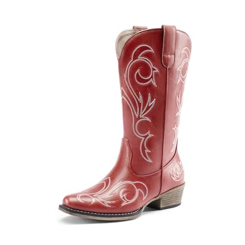 Image of DREAM PAIRS Women's Daily Slip-on Waterproof Mid-Calf Cowboy Boots, Comfortable and Stylish Western Boots for UK Ladies, Fashionable Boots for Parties and Proms,Size 6.5,Red,SDMB2403W