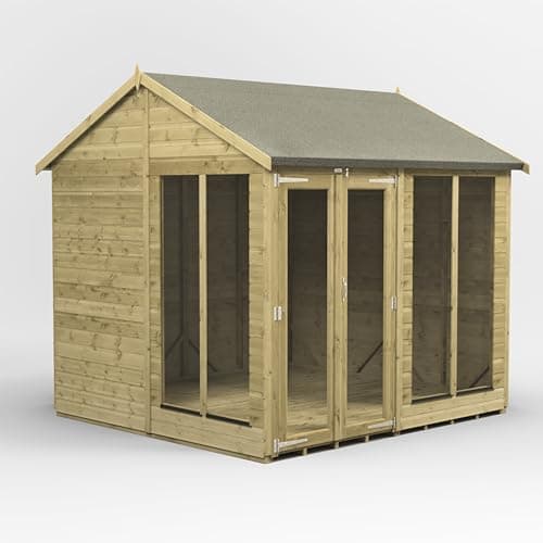 Image of Powersheds High Grade Pressure Treated Apex Wooden Summerhouse with Fully Glazed Double Doors and Windows, Security Features, Heavy Duty Frame, Galvanised Ironmongery, Extra Thick Timber (8x8)