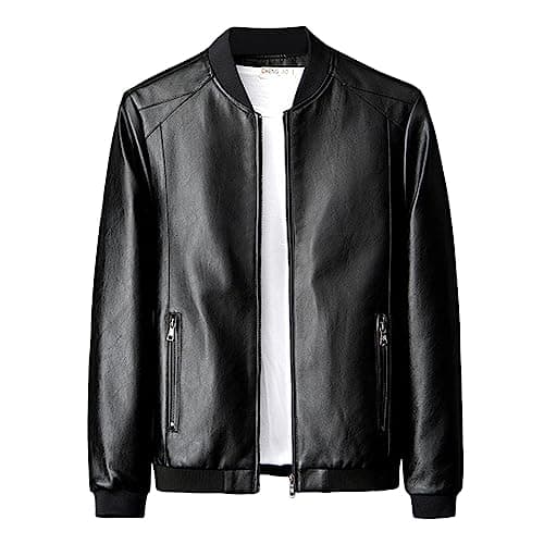 Image of Men's Windproof Rainproof Pure Color Leather Jackets Autumn Winter Casual Sports Outdoor Coat Fashion Mes Streetwear Motorcycle Biker Jacket Black