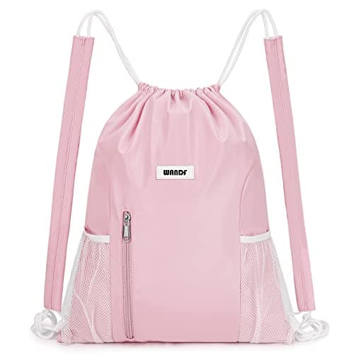 Image of WANDF Drawstring Backpack with Shoulder Pad Sports Gym Backpack with Mesh Pocket String Bag for Women Men (Pink)