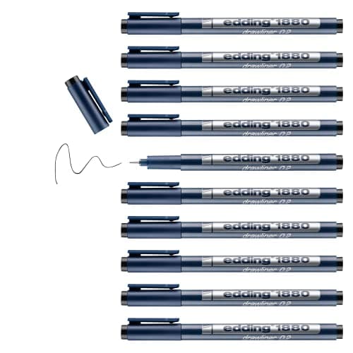 Image of edding 1880 profipen - black - 10 pens - line width 0.3 mm - fineliner pen for precise writing, sketching and technical drawing - fine, metal-encased nib - suitable for use with rulers and stencils